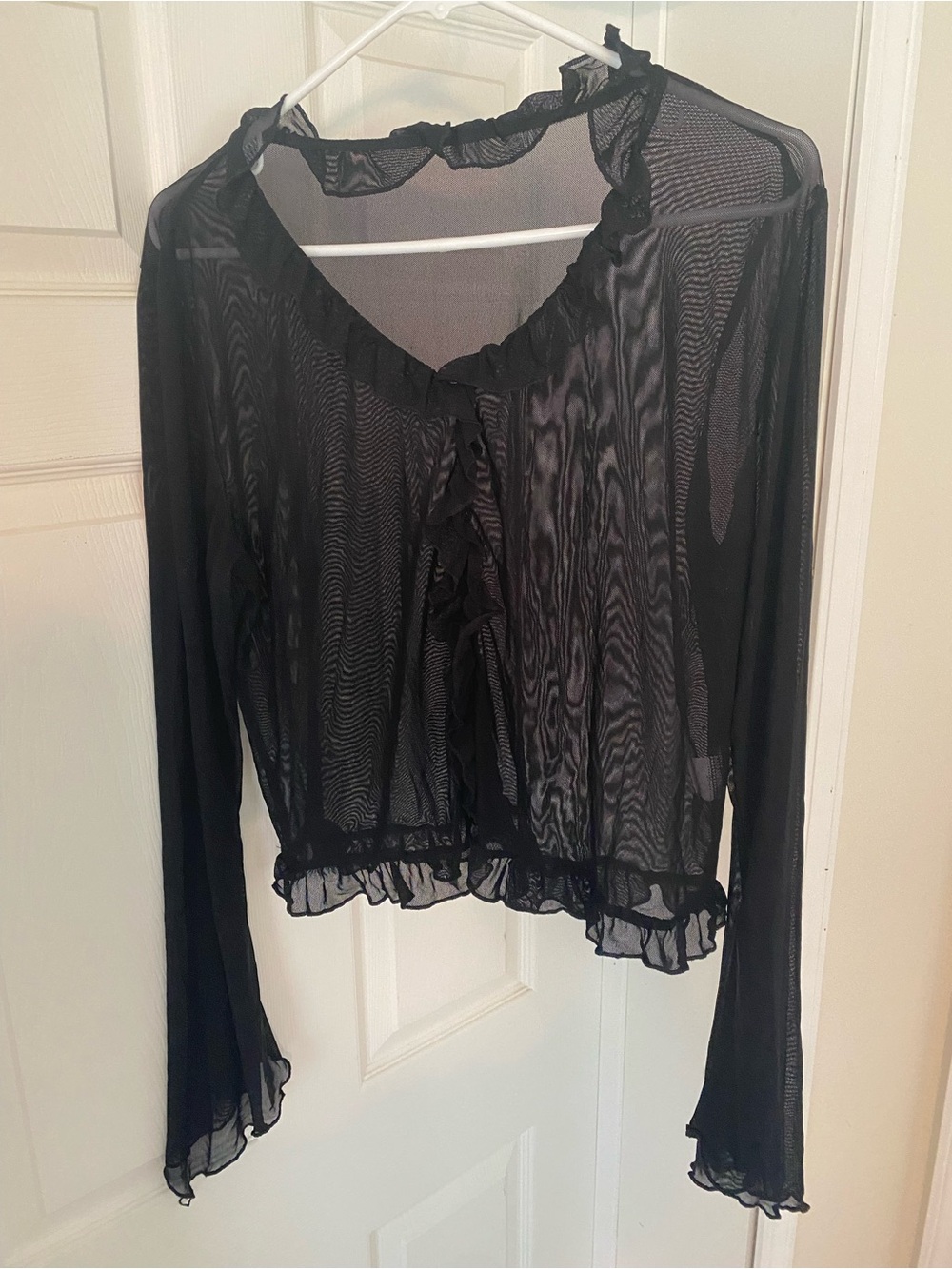 Sheet Black Ruffle-Trim Long Sleeve Top
